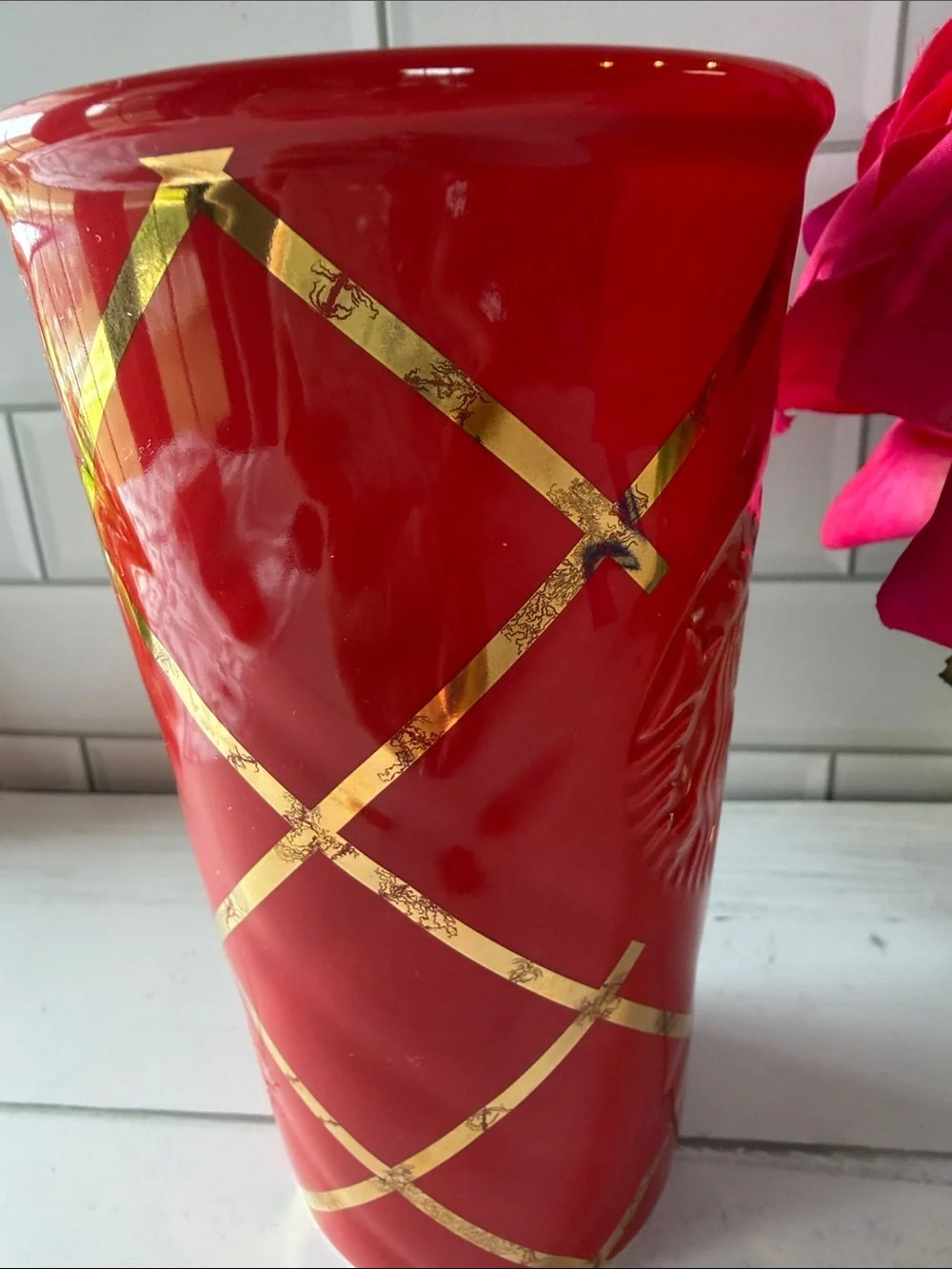 Starbucks Red Ceramic Tumbler with Gold Accents